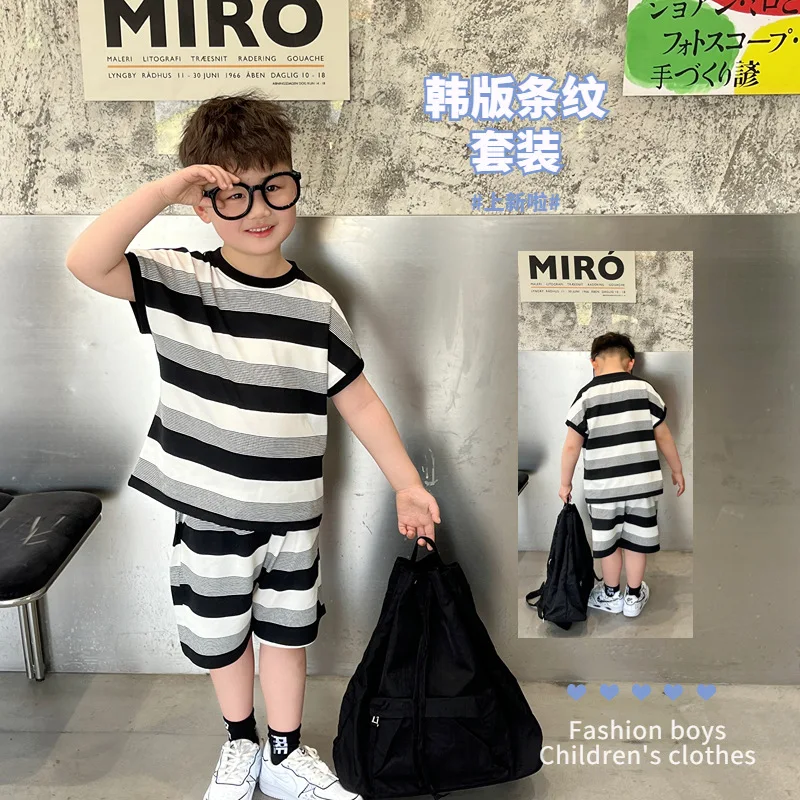 

Kids Set 2023 Black and White Striped Suit Summer New Korean Style Handsome Boy Fashion Baby Casual Simple Two Piece Set Kids