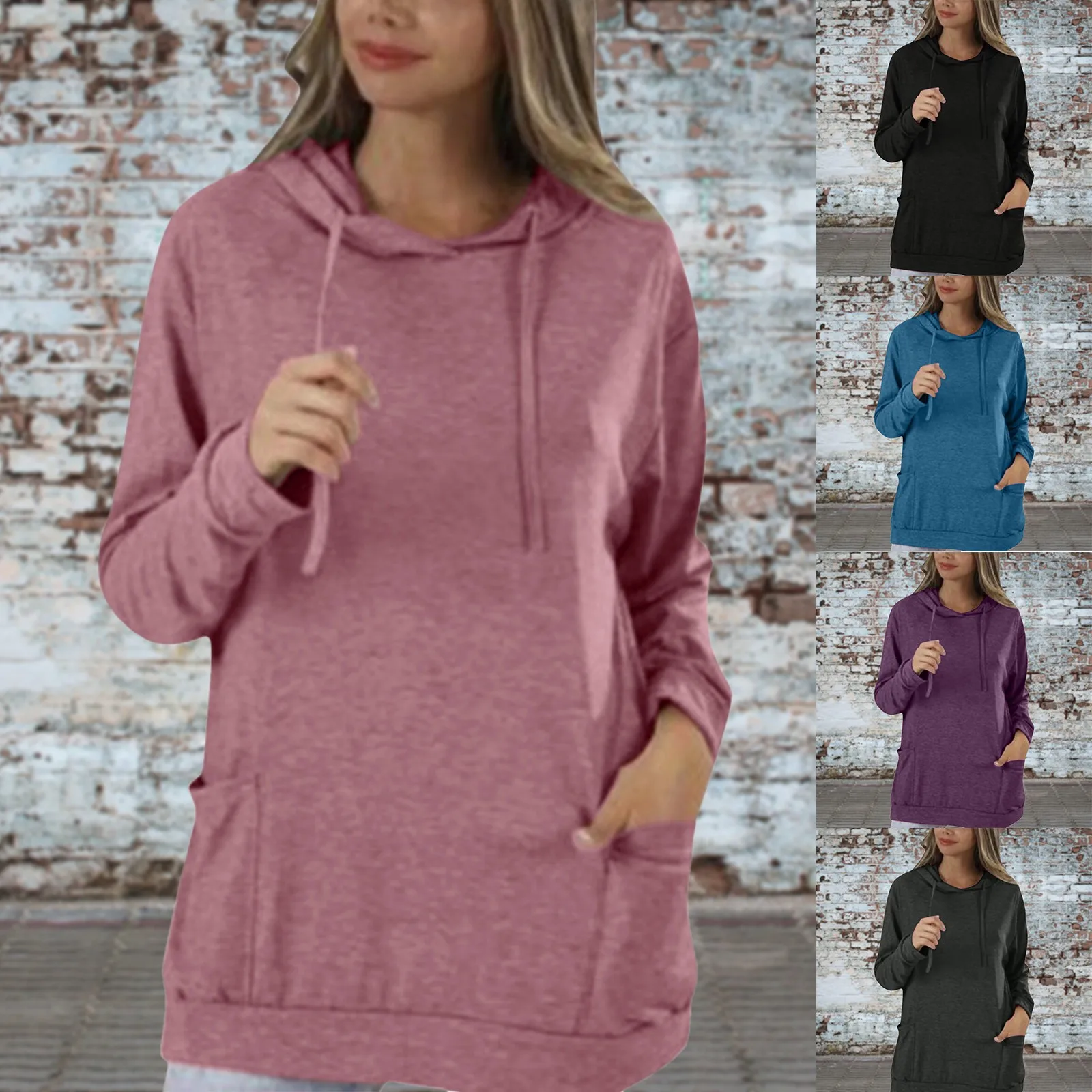 

Women Fashion Solid Color Hooded Pocket Long Sleeve Casual Sweater Leopard Top Ladies Shirts