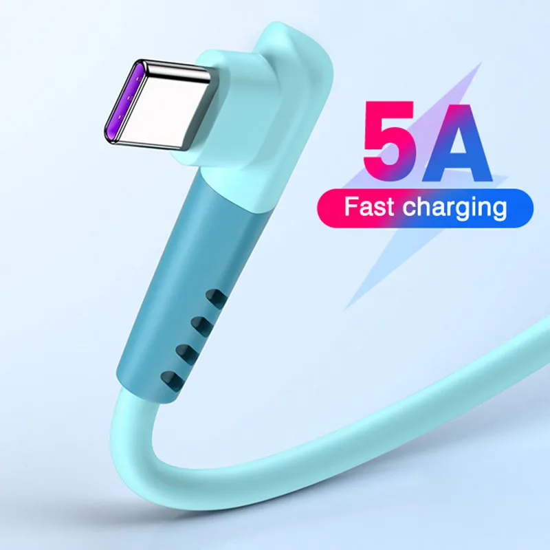 

5A USB Type C Cable For Xiaomi Huawei 90 Degrees Fast Charging Liquid Silicone Micro USB Mobile Phone Data Cable For Samsung S20