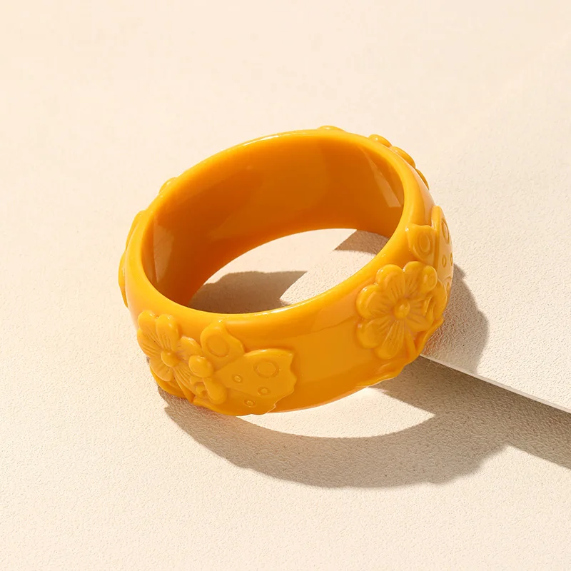 Korean Trendy Flower Pattern Bangle for Women Colorful Cute Acrylic Resin Bracelet Round Wide Charm Hand Accessory Retro Jewelry