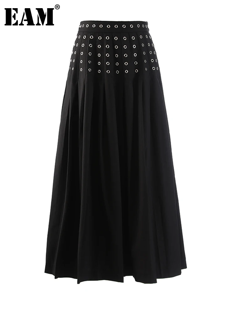 

[EAM] High Elastic Waist Black Rivet Long Pleated A-line Half-body Skirt Women Fashion Tide New Spring Autumn 2022 1DE9071