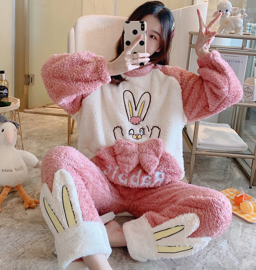 Cute Thick Warm Pajamas Sets Womens Girls Sweet Pink Rabbit Coral Fleece Sleepwear Winter Kawaii Home Clothes Pyjamas Suit 2PCS