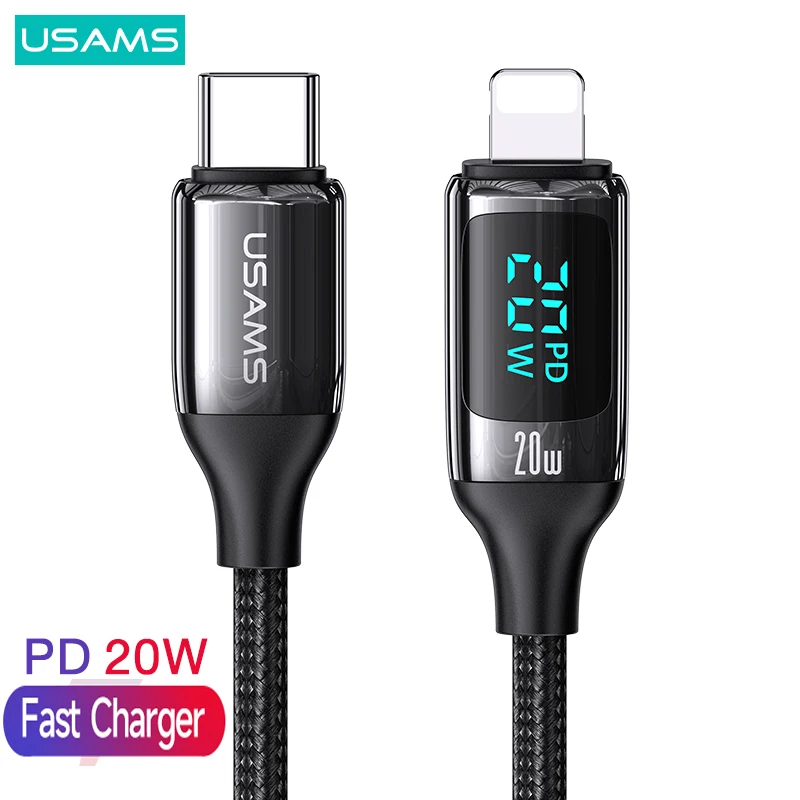 

USAMS U78 3A PD 20W LED Display Cable Fast Charging Cables USB A C To Lightning Cable For iPhone 12 13 11 Pro Max X XS SR 8 iPad