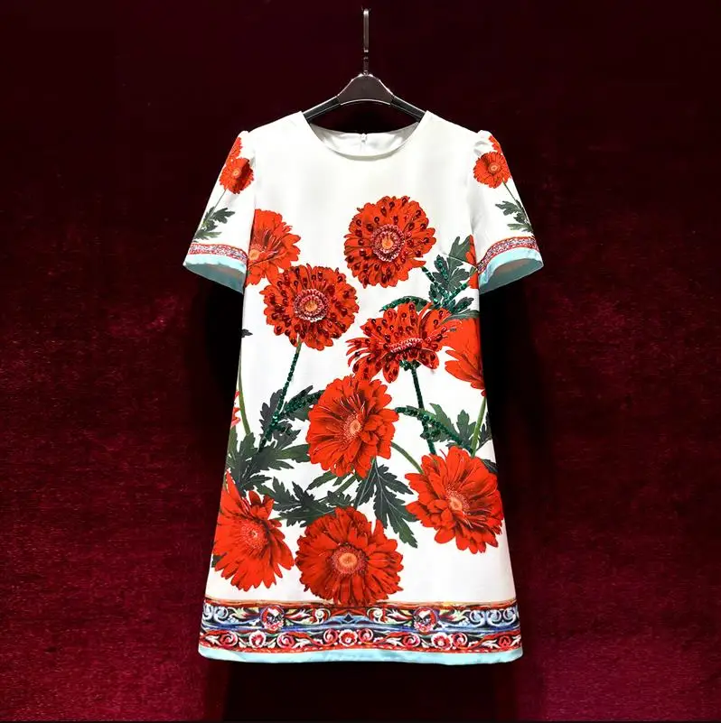 European and American women's dress 2023 summer new style Round neck short sleeve heavy stitching beads Red floral print dress