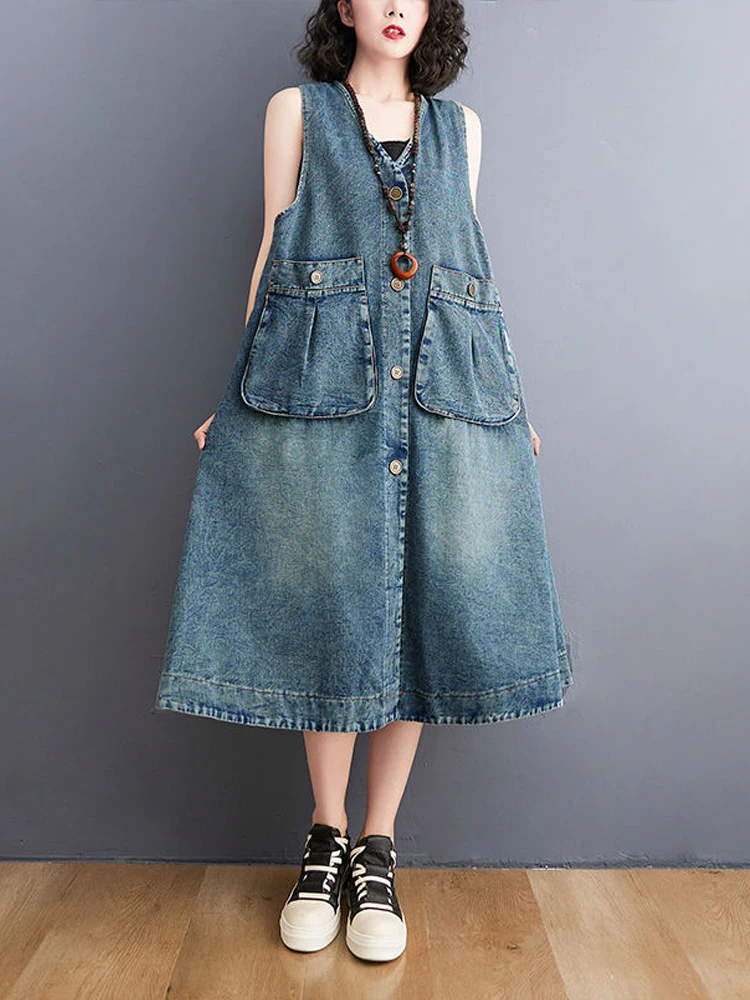

Women's Denim Dress Loose Harajuku Fashion Oversized Summer Dress Femme 2022 Vestido Jeans Casual Long Maxi Dress