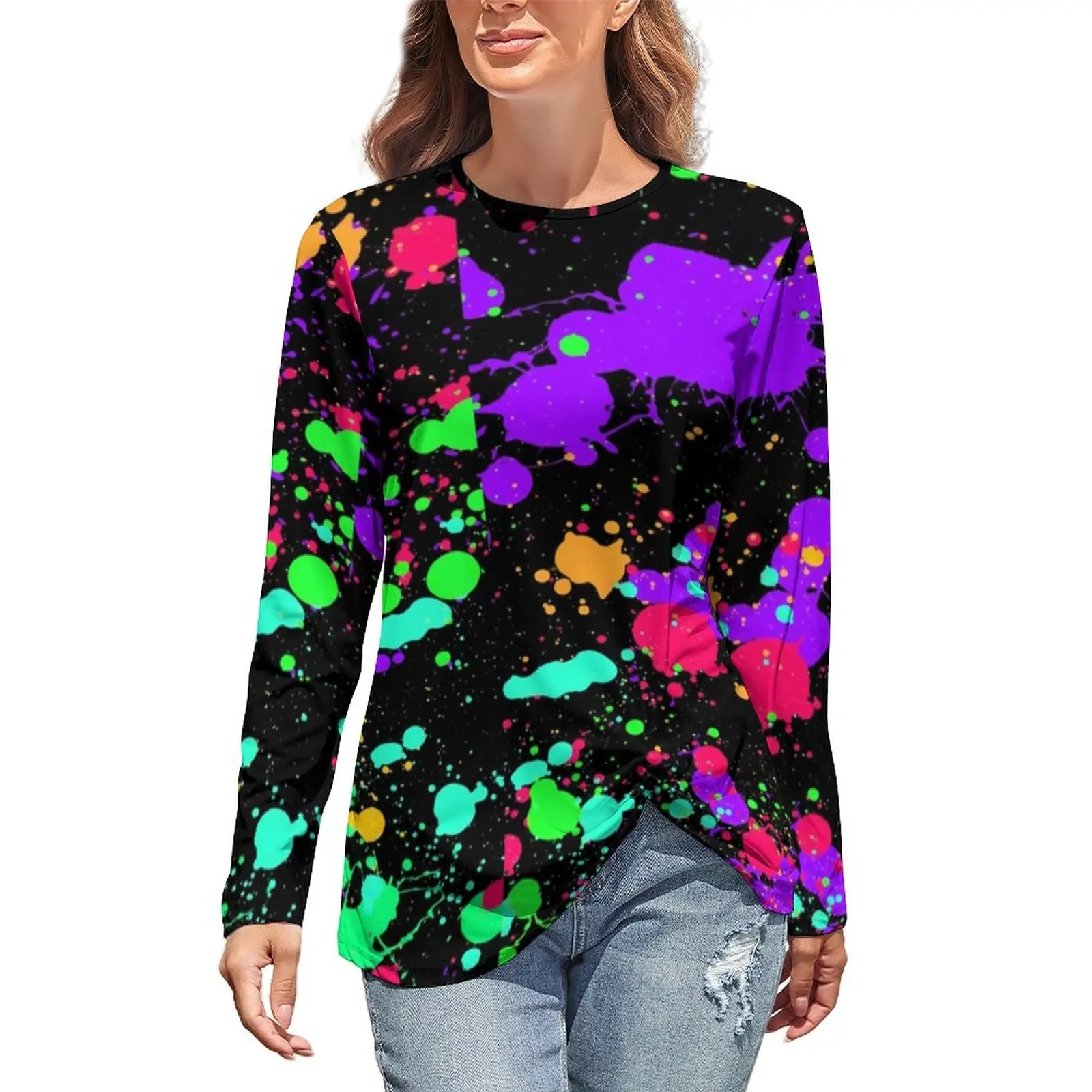 

Colorful Neon Paint T Shirt Pretty Splatter Print Aesthetic Long Sleeve T-Shirts Lady Casual Tee Shirt Oversized Pattern Clothes