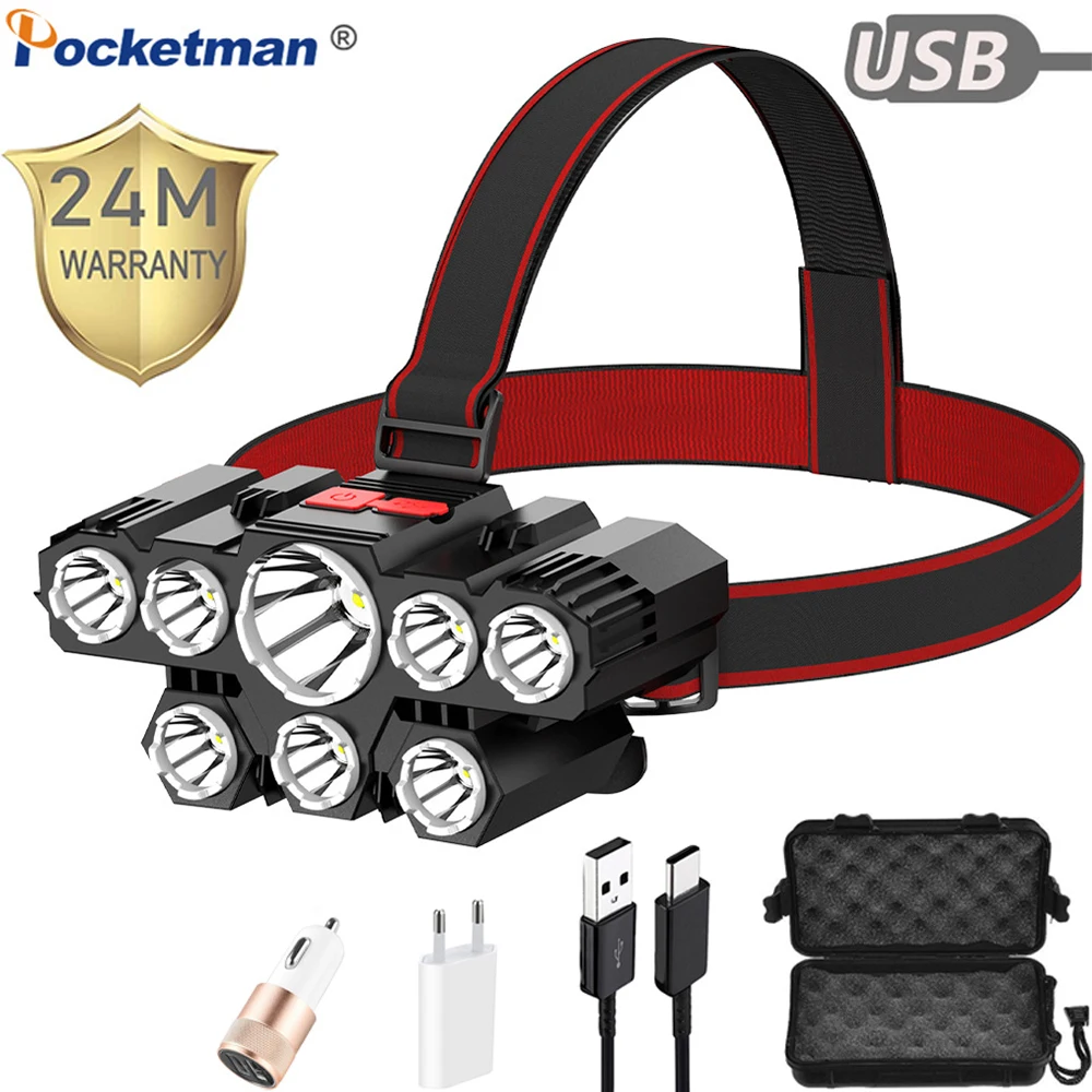 

Powerful 8 led Headlamp USB Rechargeable Head Lamp Waterproof Headlight Head Torch Lantern with built in battery,charging cable
