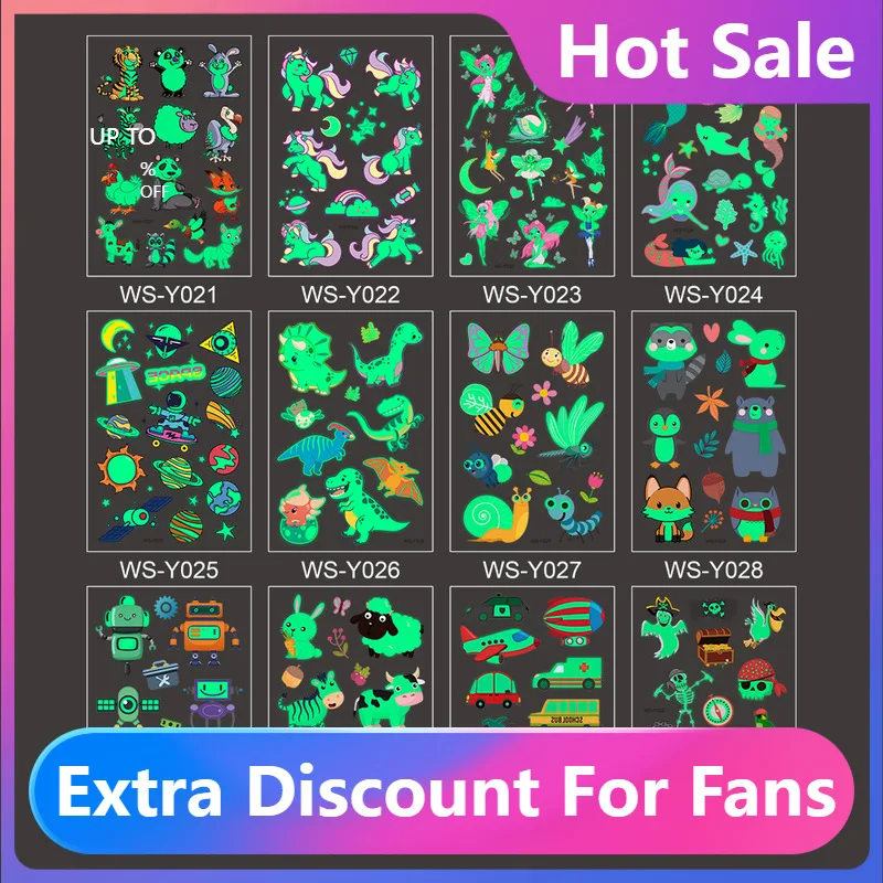 

Новинка 2021, Детские Временные татуировки с единорогом, Светящиеся Татуировки, Набор наклеек, светящиеся лицо, руки, ноги для детей, искусств...