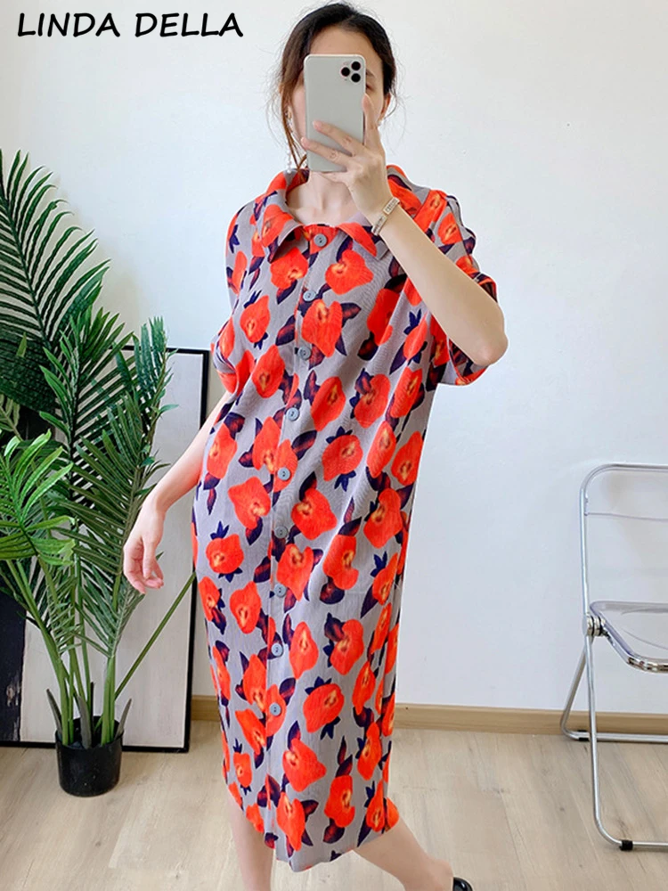 

Женское плиссированное платье миди LINDA DELLA, дизайнерское винтажное однобортное платье с отложным воротником и высоким разрезом, свободное платье с цветочным принтом, лето 2019