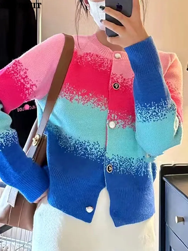 

Gradient Knit Stylish Cardigan Sweater Women Single-breasted Streetwear Fashion Chic Tops Jumper Long Sleeve Round Neck Sweaters