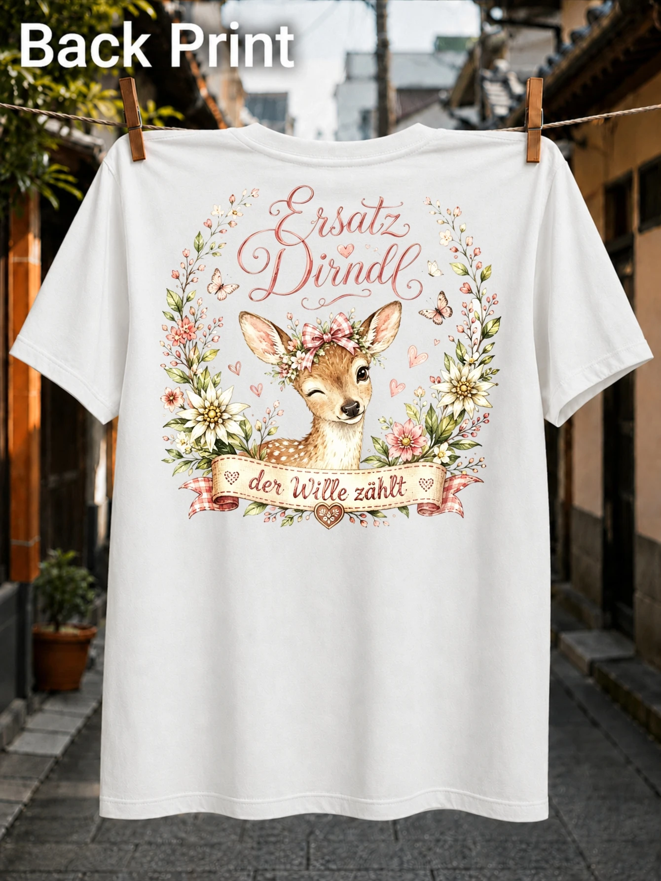 Фото Немецкая футболка унисекс с принтом «Ersatz Dirndl Der Wille Zahlt Winking Fawn» с клетчатым бантом, цветами, бабочками и лентой №1