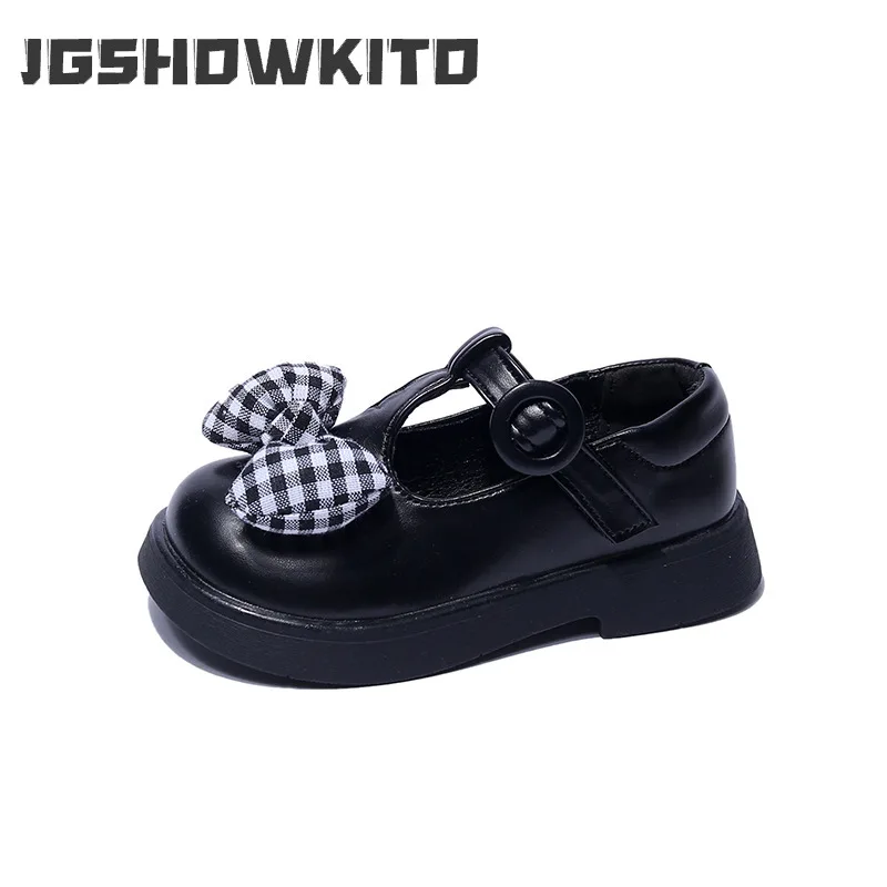 

Girls Lattice Bow Leather Shoes 2023 Spring New Soft Bottom All-match Cute Princess Korean Style Children's Fashion Loafers PU