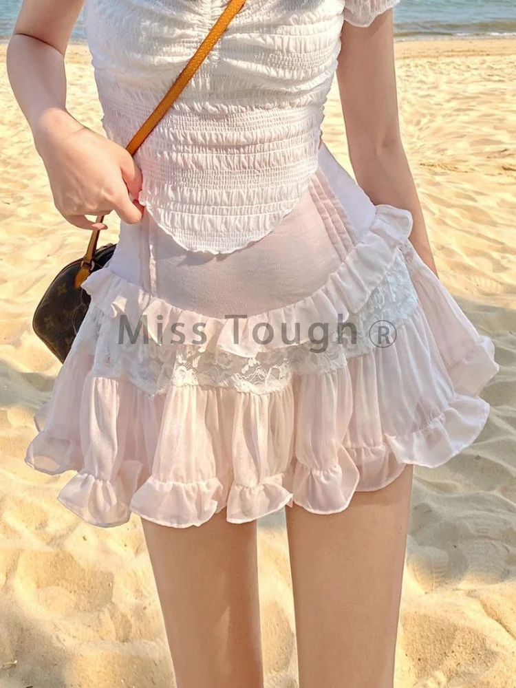 

Japanese Kawaii Mini Skirt Women Korean Fashion Lace Patchwork Casual Party Skirt Female High Waist Pink Cute Skirt Summer 2023