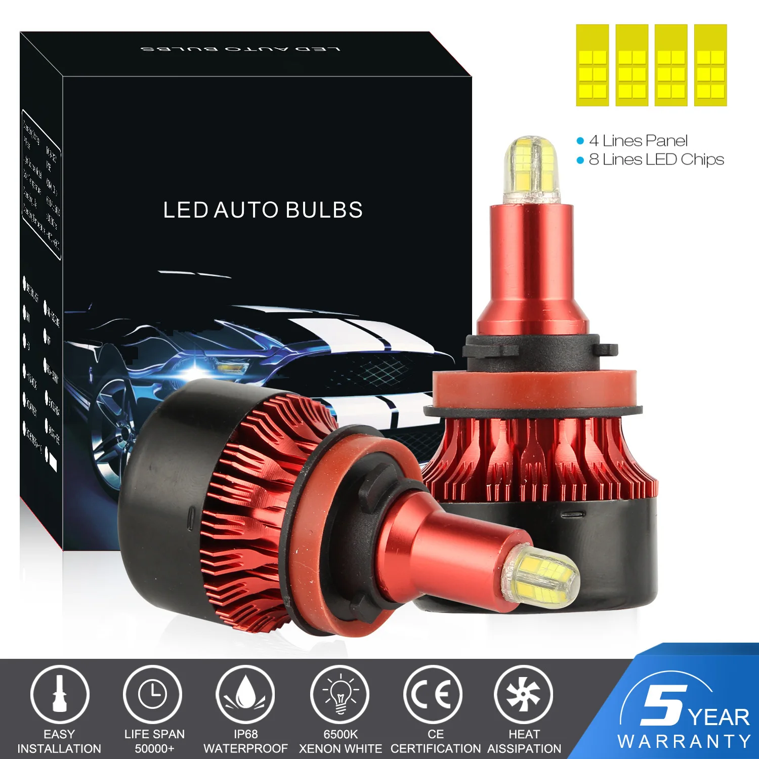 

2Pcs 24CSP H1 H4 H7 High Brightness LED Headlight Bulbs H8/9/11 9005/HB3 9006/HB4 12V 50W 20000LM 6500K White Foglight