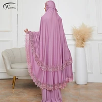 a138 women pink embroidered lace suit chapel 2022 muslim sets hijab musulman ensembles