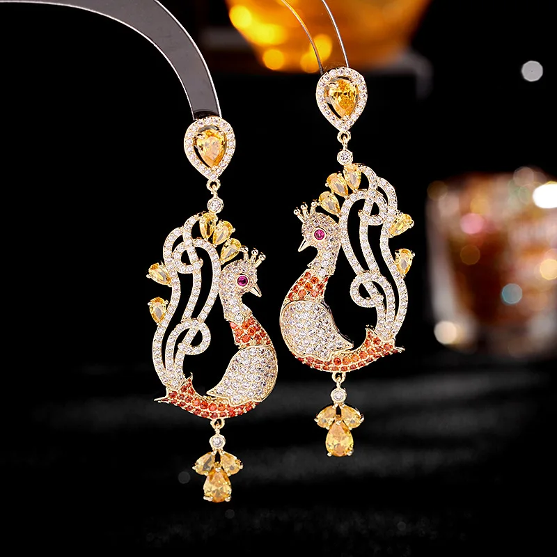 

Colorful Cubic Zirconia Peacock Dangle Earrings for Women Creative Statemegn Wedding Party Jewelry Gold Plated Eardrop