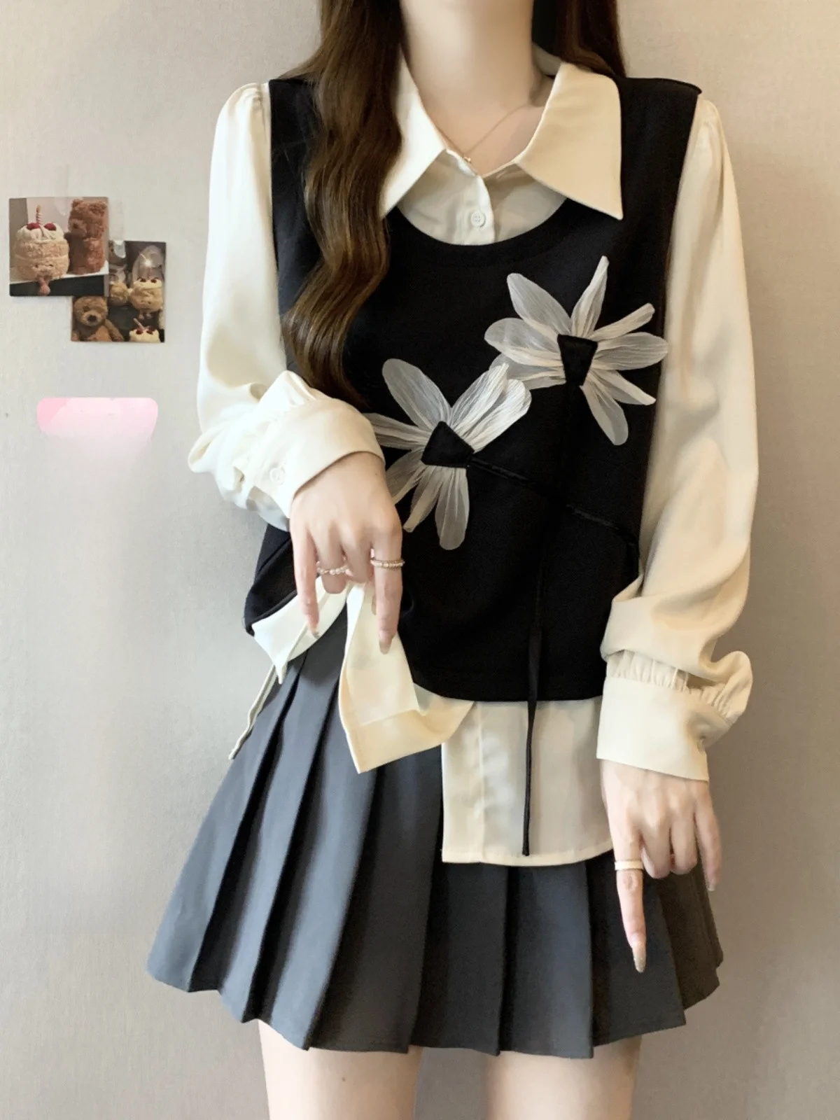 Plus size women clothing Fake Two Pieces French sle Lapel Long sleeve Shirts 2024 New Women's Autumn Chubby Girl Slimming Top