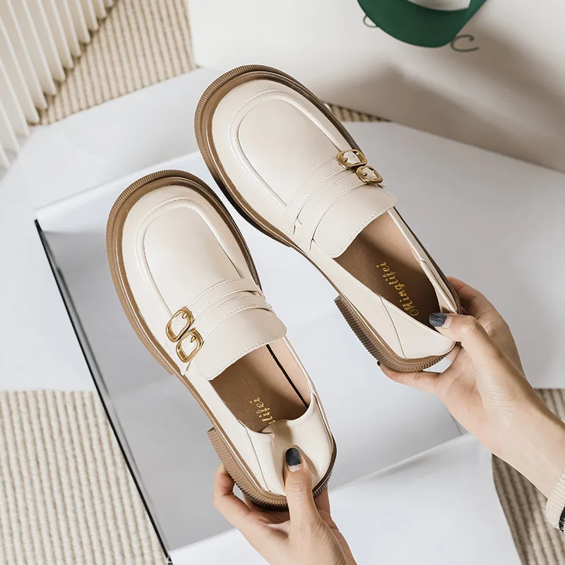2023 Spring Thick Soled Loafers Women's Retro British Style Leather Shoes Women's Loafers Large Size 41 To 43 Round Toe Med Heel