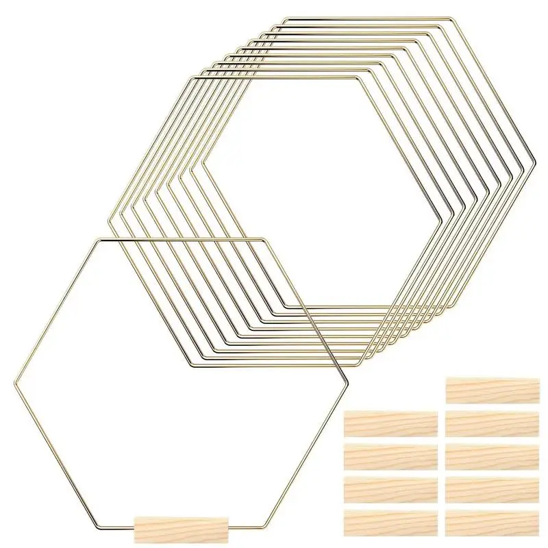 

Hexagon Wreath Ring 10 PCS Gold Metal Floral Hoops For Table Wreath Macrame Hoop Rings With 10 PCS Wooden Holders Stand
