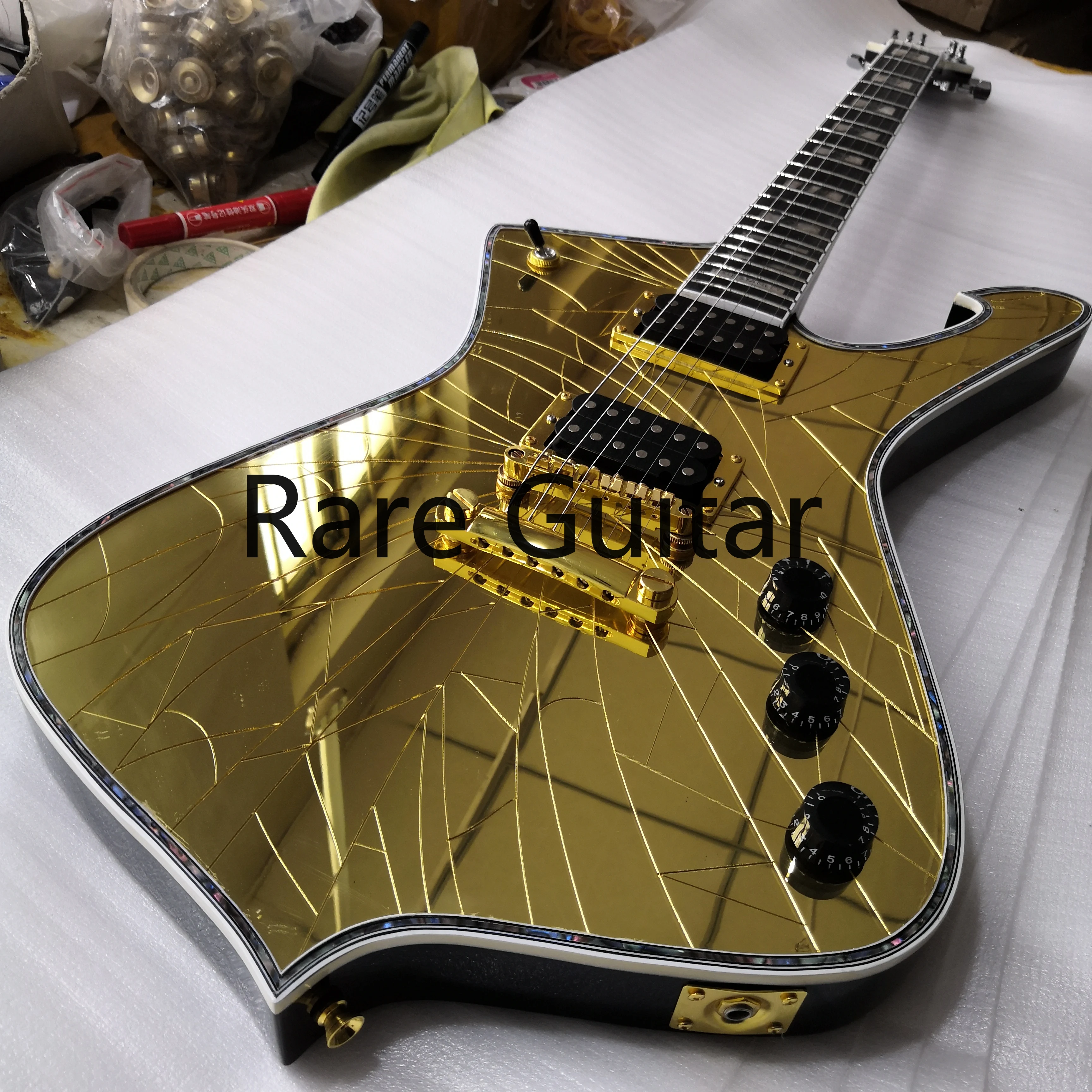 

Rhxflame Custom Shop Золотое треснутое зеркало ICEMAN Paul Stanley гитарное ушко Body Binding & Pearl инкрустация, золотой