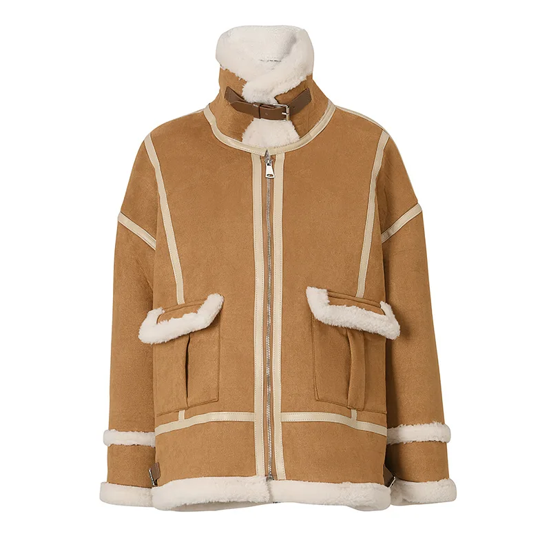 

Fashion Women's Lamb Wool Coat High Collar Loose Zipper Long Sleeve Thick Plush Motorcycle Jackets Winter 2022 New