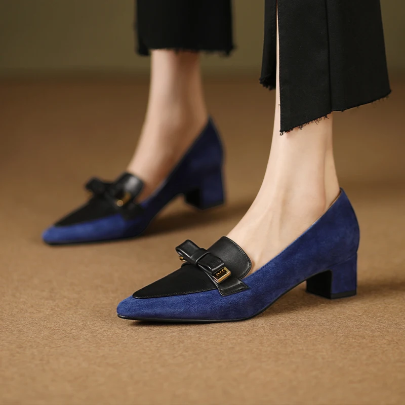 Pointed spring and autumn women's shoes stitching sheepskin bow square heel thick heel high heel zipper women's shoes