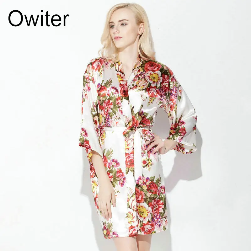 Wedding Bride Bridesmaid Floral Robe Satin Rayon Bathrobe Nightgown for Women Kimono Bridal Robes Sleepwear Flower Plus Size