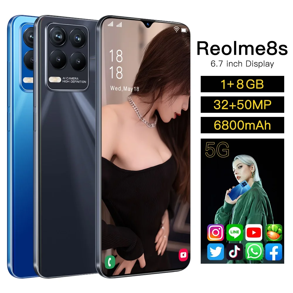 

Официальный смартфон Reolme8s, телефон с экраном 6,7 дюйма с вырезом-капелькой, 1 Гб + 8 Гб, 6800 мАч, Android 11, телефон с поддержкой разблокировки по лицу