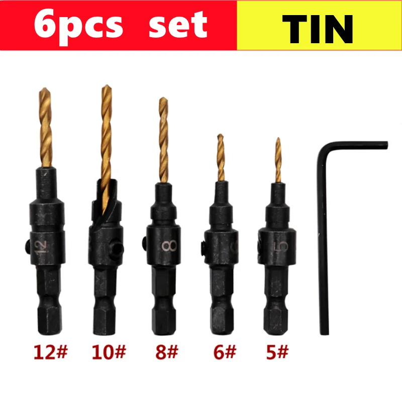 

5/6 шт. сверло с зенковкой, набор сверл для деревообработки, сверление пилотных отверстий для размеров винтов # 5 # 6 # 8 # 10 # 12. С гаечным ключом.