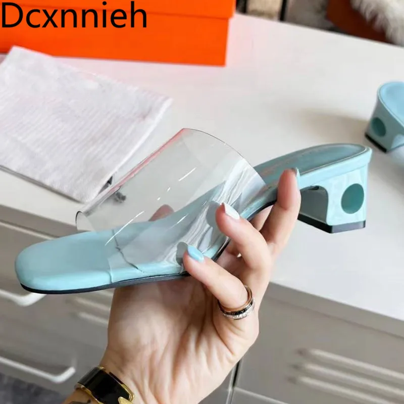 

Summer New Thick Heel Square Toe Transparent PVC Slippers Women Simple Square Heel Slippers Woman Sexy Party Dress Shoes 2022