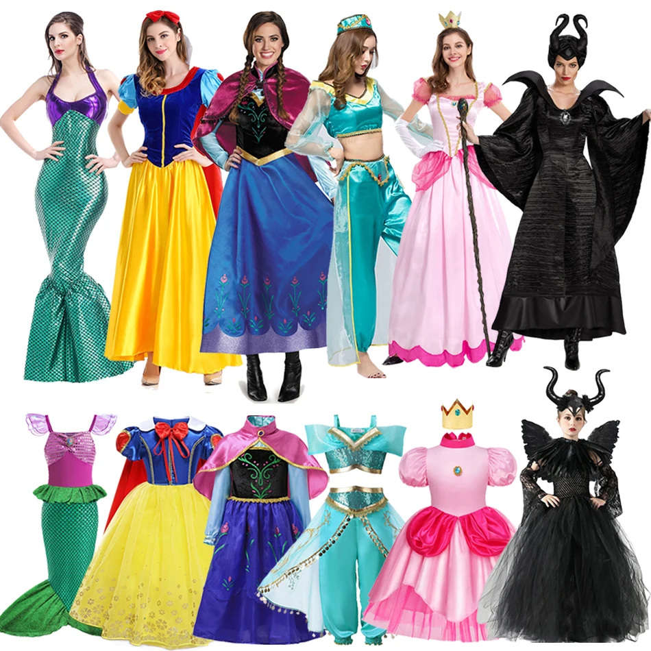 

Adult Princess Peach Girls Jasmine Ariel Costume Women Maleficent Cosplay Halloween Mother Daugter Party Dress Clothing Dress