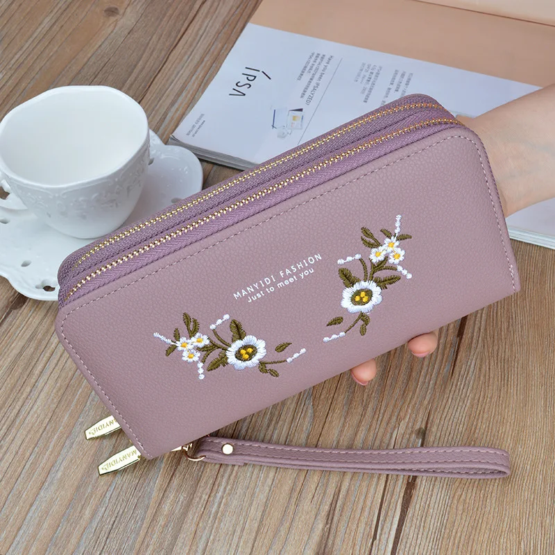 New  Wallet Women's Long Clutch Bag Double Layer Large Capacity Lychee Pattern Embroidered Soft Leather Mobile Phone Bag