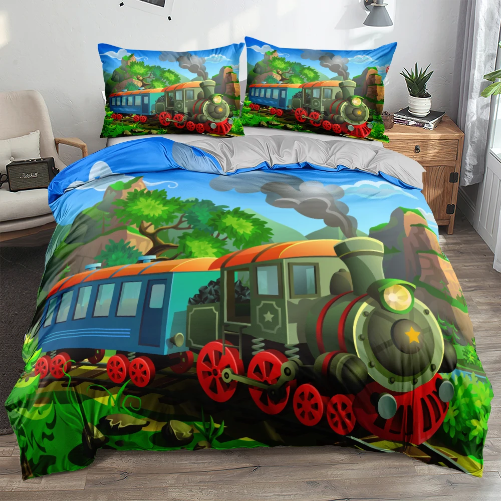 

3D Digital Cartoon Train Classic Bed 2 Bedrooms Coloful Comforter Bedding Sets Full Double King Size Children Pop Quilt Covers