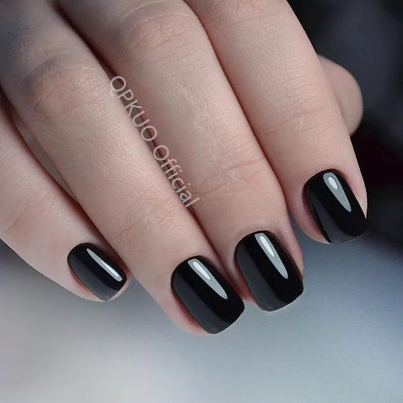 

24Pcs Short Square Fake Nail Faux Ongles Shiny Black Press On False Nails Artificial Fingertips Nagel Salon Manicure Accessoires