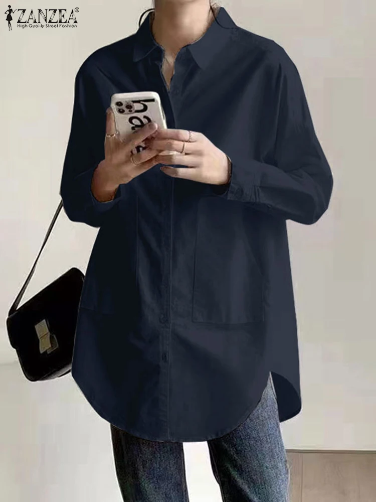 Корейские модные повседневные рубашки ZANZEA для отдыха однотонные женские длинные