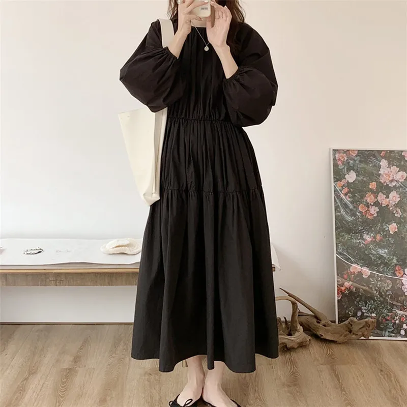 

Женское свободное платье SuperAen, черное платье с длинным рукавом, плиссированное платье с высокой талией в Корейском стиле на весну и лето