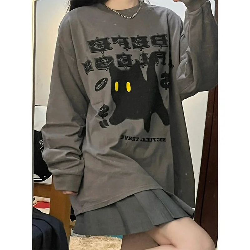 

Deeptown Grunge Cat Tshirts Women Harajuku Korean Fashion Oversize Long Sleeve T Shirts Female Hip Hop Vintage Gray Top Loose