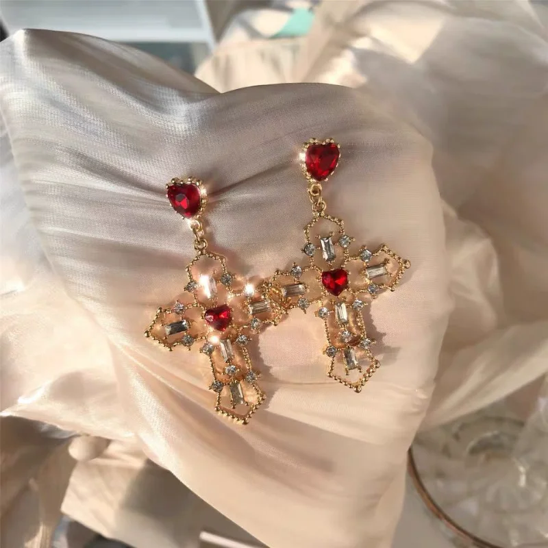 

Vintage Red Heart Crystal Earrings for Women Cross Pendant Rhinestone Dangle Earring Jewelry Party Anniversary Gift Pendientes