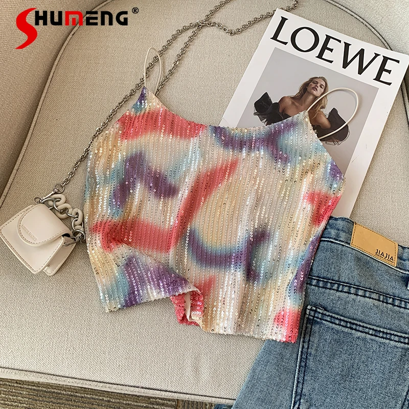 

Pure Sweet Hot Girl Sexy Gradient Color Sequin Sling Inner Short Vest Women's Summer Design Shiny Outer Wear Crop Tops