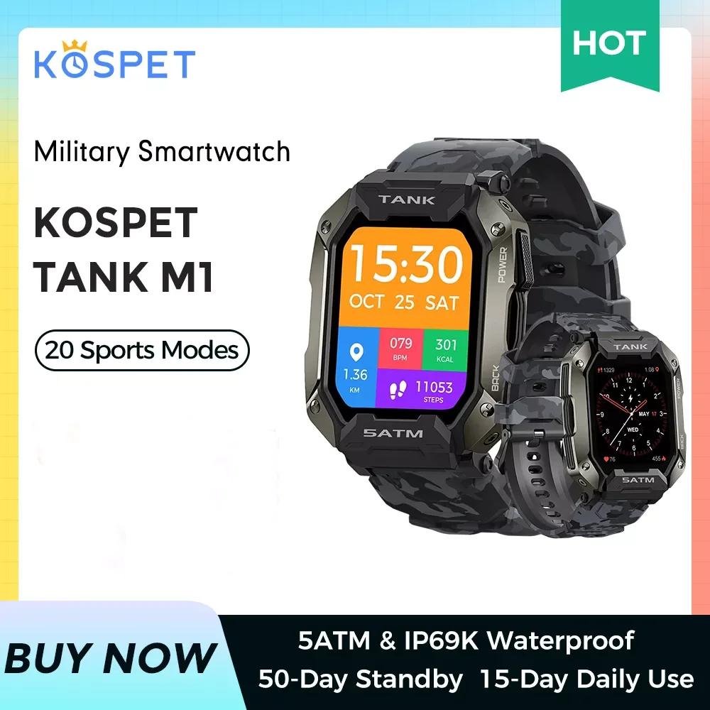 Новинка 2022 Смарт-часы KOSPET TANK M1 прочные уличные с тонометром 5ATM IP69K