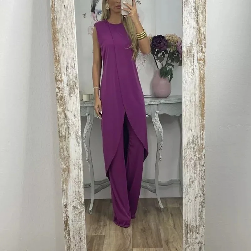 

Женский Повседневный Свободный Топ без рукавов, наряды, модный однотонный комплект из двух предметов с круглым вырезом, летние винтажные же...