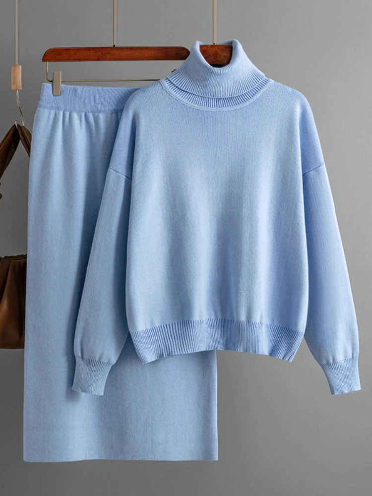 

Sets To Dress Solid Color High Neck Sweater Half Body Buttocks Wrapped Skirt Two-piece Set New Autumn Winter Knitted Set Women