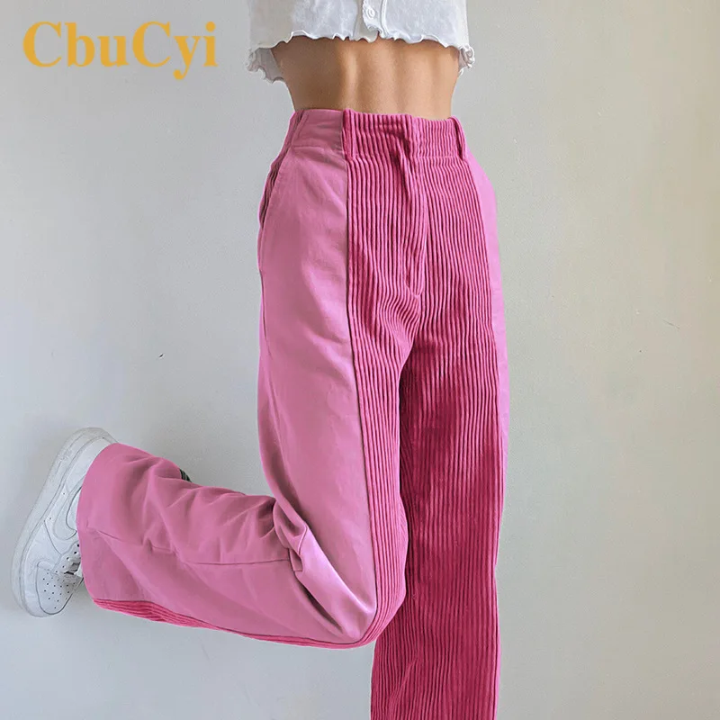 

Ladies Autumn Vintage Sweatpants Straight-Leg Pants Elastic High Waist Corduroy Pants Capri Casual Loose Patchwork Long Trousers