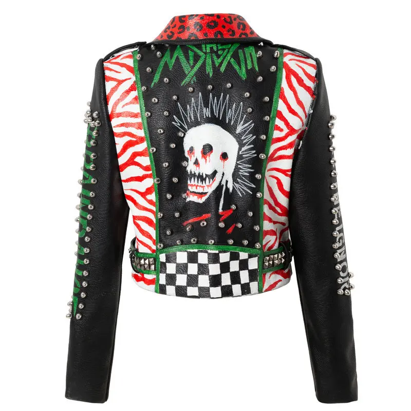 Punk Studded Leather Jacket Women 2023 Trend Slim-fit Short Fashion Streetwear Contrast Printed Faux Leather Biker Jacket