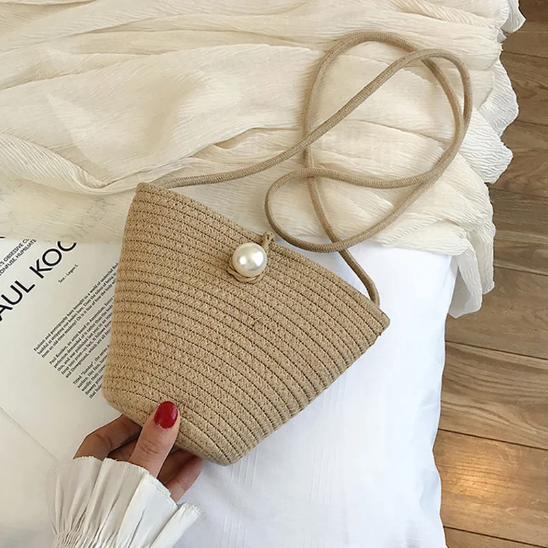 

Casual Mini Hobos Straw Bags Rattan Pearls Crossbody Bags Wicker Woven Shoulder Bag Summer Beach Small Phone Purse Lady Bali Sac