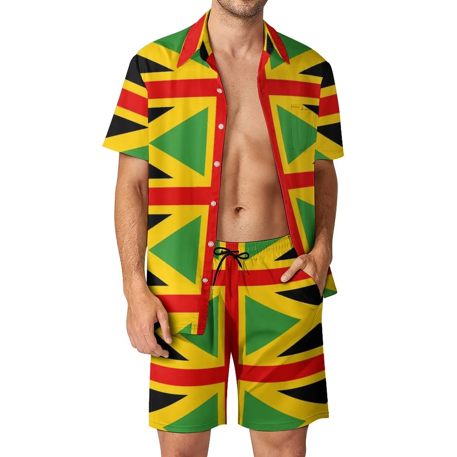

Флаг Ямайки мужские комплекты, британский ямайский Повседневный пляжный комплект из шорт и рубашки, летний Гавайский Графический костюм, одежда большого размера с коротким рукавом