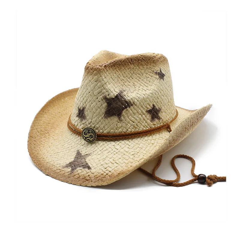 

New Fashion Outdoor Beach The Cowboy Cap Sunshade Adjustable Men's and Women's Painted Pentagram Denim National Style Straw Hat