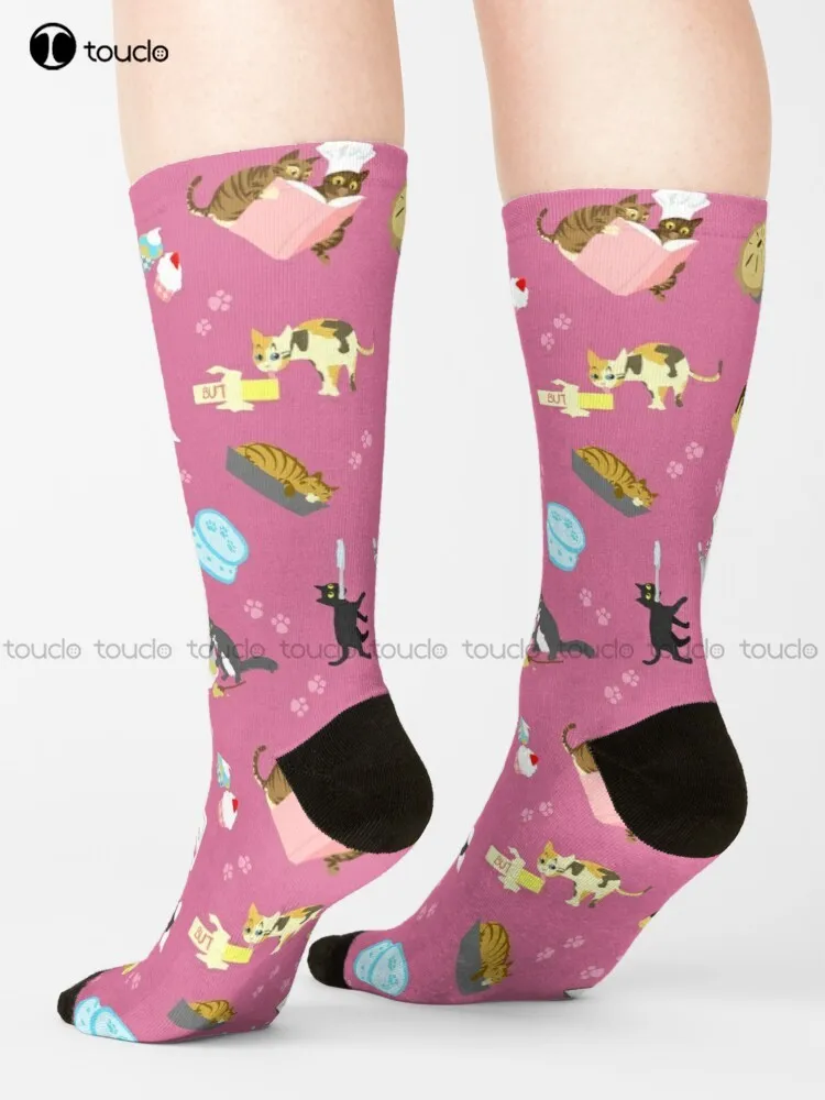 

Cats Baking Cakes And Other Sweets, In Pink Socks Mens Socks Crew Unisex Adult Teen Youth Socks 360° Digital Print Gift Retro
