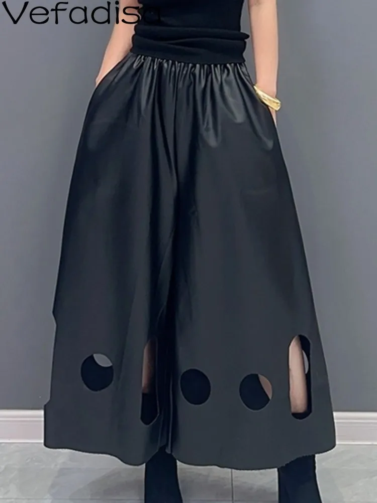 

Vefadisa 2023 Spring Autumn New Korean Style Casual PU Leather Single Piece Wide Leg Pants Women Fashion Black Trousers ZXF284B