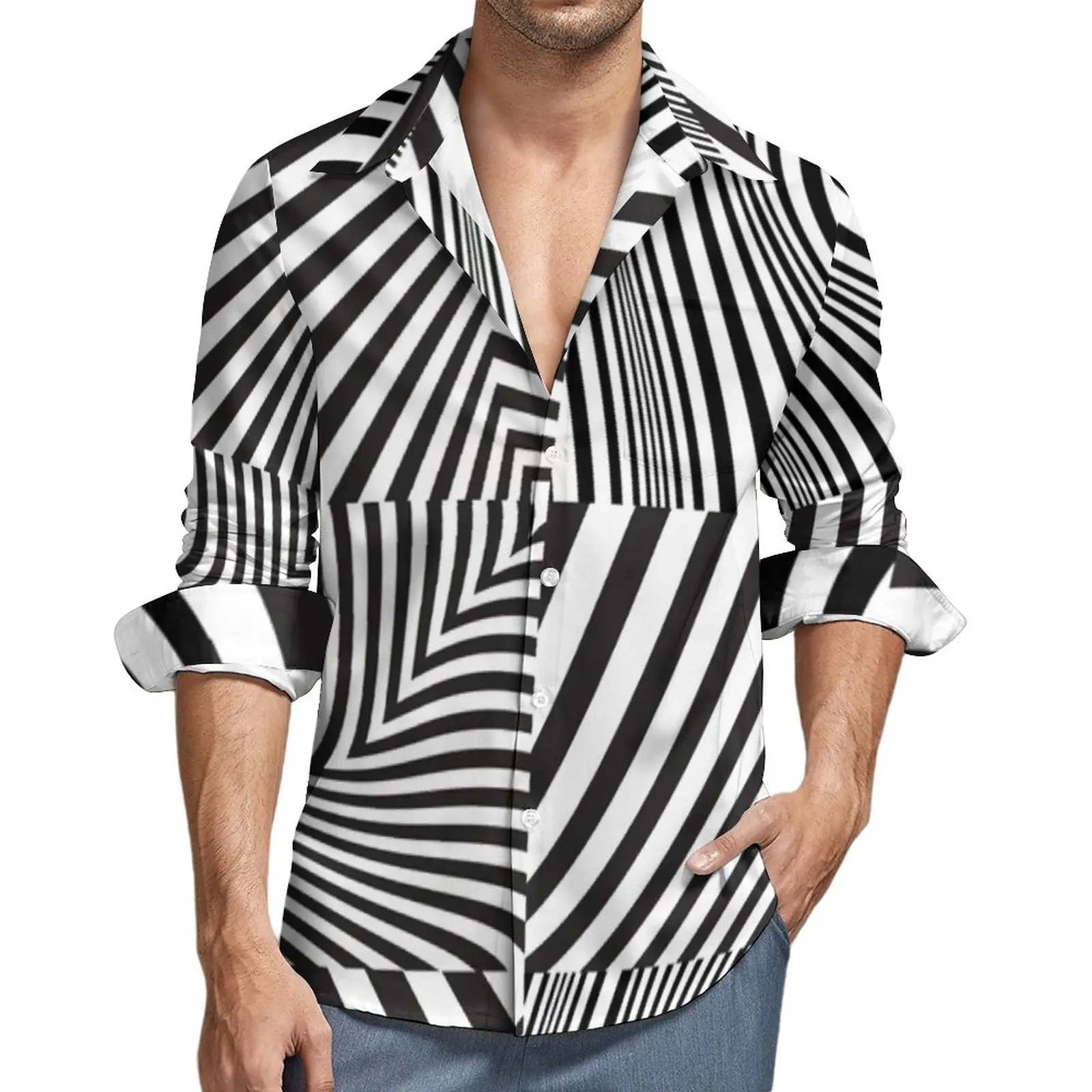 

Ретро мода квадратная Повседневная рубашка мужская абстрактная полосатая рубашка с длинным рукавом трендовая Y2K блузки Весенняя графическая одежда 3XL 4XL